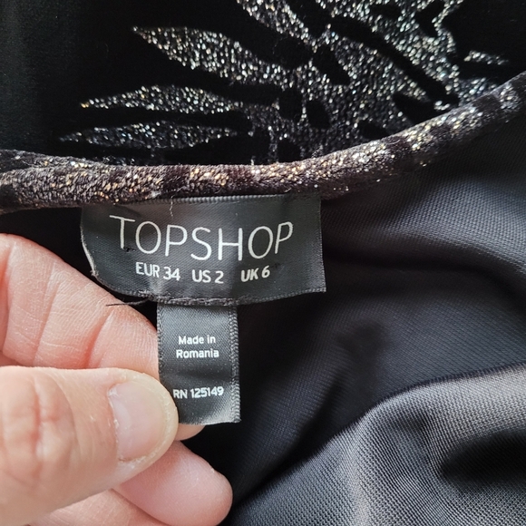TOPSHOP BLACK SILVER GOLD PALM TREE GLITTER VELVET BODYCON Sz 2 - Picture 4 of 5
